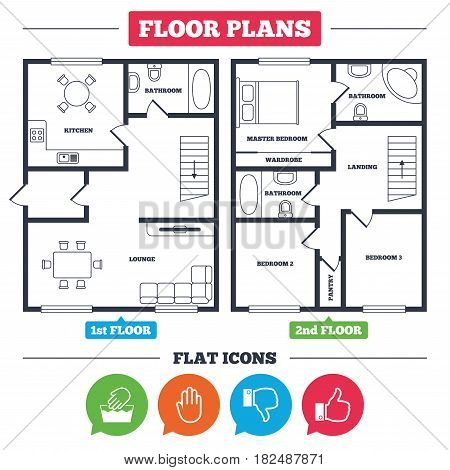 Architecture plan with furniture. House floor plan. Hand icons. Like and dislike thumb up symbols. Not machine washable sign. Stop no entry. Kitchen, lounge and bathroom. Vector