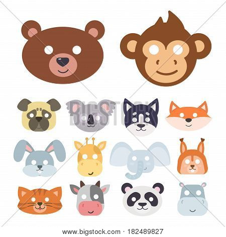 Animals carnival mask vector set festival decoration masquerade and party costume cute cartoon head decor isolated celebration vector illustration. Traditional fantasy drawing wild character.