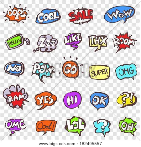 Vector doodle speech clouds icons set. Stock cartoon signs for design.