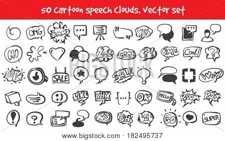 Vector doodle speech clouds icons set. Stock cartoon signs for design.