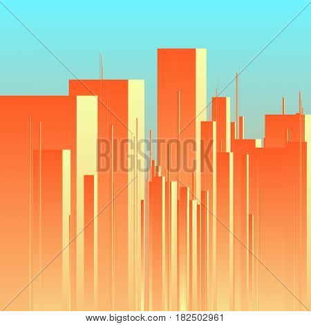 Abstract futuristic city vector background. View of town center with towers. Minimalistic illustration of cityscape with large buildings. Skyline with high rise skyscrapers in morning sunrise backdrop