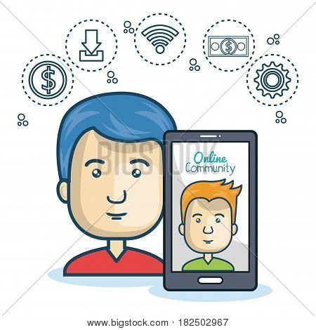 man community online smartphone with app media design vector illustration eps 10
