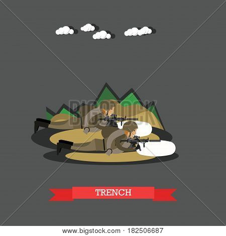 Vector illustration of two soldiers with shotguns in military uniform lying in trench. Flat style design.