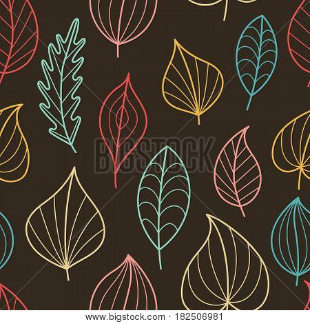 Creative Seamless Pattern with Fall on Dark Backdrop. Doodle Art Contour Leaves. Continued Background for Cloth Fabric Textile Tissue.
