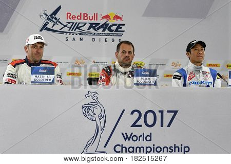 San Diego, USA - April 16, 2017: Matthias Dolderer Peter Podlunsek and Yoshihide Muroya during press conference the Red Bull Air Race World Championship.