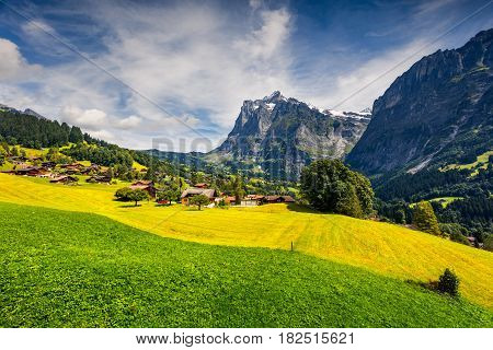 Colorful morning view of Grindelwald village valley from cableway. Wellhorn mountain located west of Innertkirchen in the Bernese Oberland Alps. Switzerland Europe.