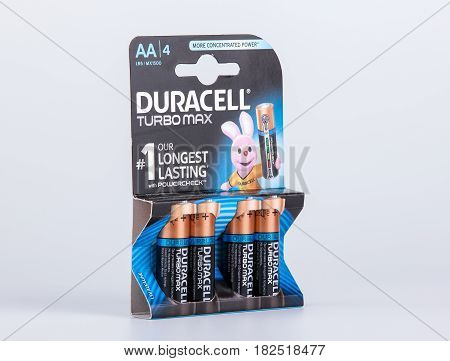 Riga, Latvia - April 18, 2017: Pack of Duracell Batteries, Duracell is an American brand of batteries and smart power solutions