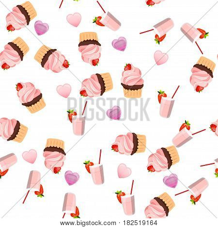 Very high quality original trendy vector seamless pattern with a strawberry chocolate pancake and milkshake