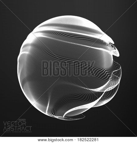 Abstract vector monochrome mesh sphere on dark background. Futuristic style card. Elegant background for business presentations. Corrupted point sphere. Chaos aesthetics.