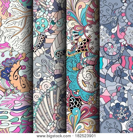 Set Of Tracery Colorful Seamless Patterns.