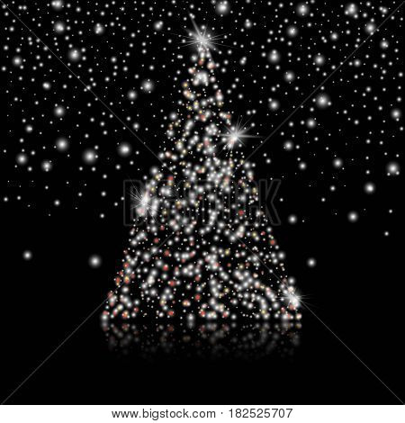 Merry Christmas and Happy New Year Christmas tree on and lights on the black background. Stock vector