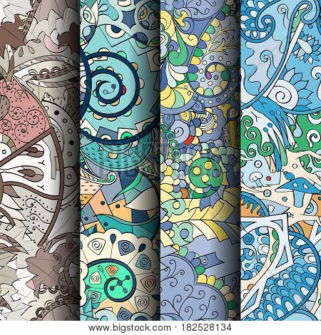 Set Of Tracery Colorful Seamless Patterns.