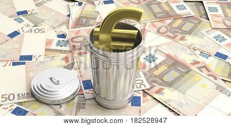 Steel Trash Can On Euro Banknotes Background. 3D Illustration