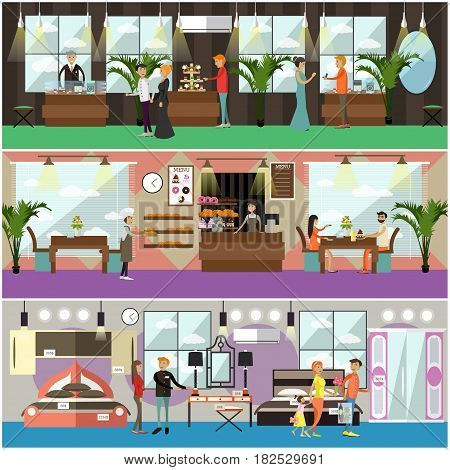 Vector set of shop concept posters, banners. Jewelry shop, bakery and furniture store concept flat style design elements.