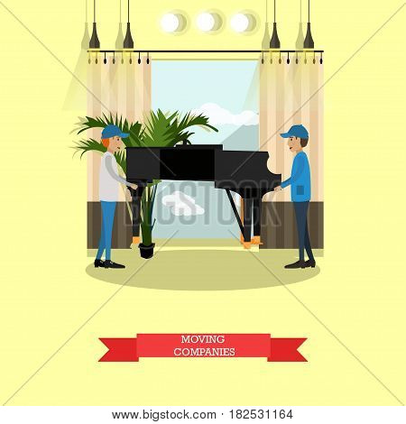 Vector illustration of loaders carrying piano. Moving company services concept flat style design element.