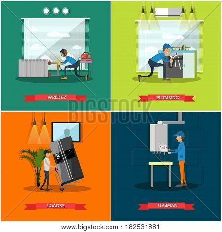 Vector set of workers profession square posters. Welder, Plumbing, Loader and Gasman flat style design elements.