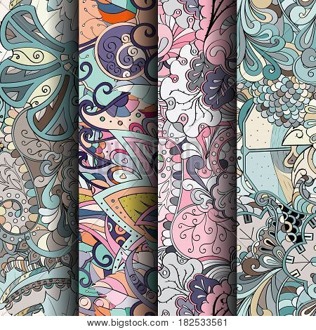 Set Of Tracery Colorful Seamless Patterns.