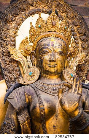 Close up of the statue of the river goddess Ganga standing on a Makara at Mul Chowk Royal Palace in Patan Nepal. The Ganga river is a holy river for Hindus.