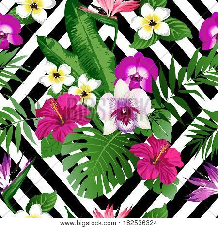 Tropical flowers and leaves on background. Seamless. Vector.