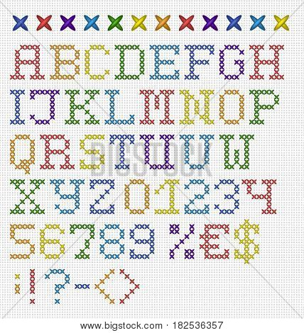 Colorful cross stitch uppercase english alphabet with numbers and symbols. Isolated on white cloth texture