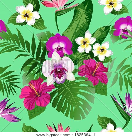 Tropical flowers and leaves on background. Seamless. Vector.