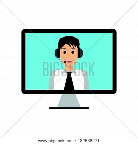 Man with headset on computer monitor screen. Technical support call center online customer live support webinar conference training and education concept. Flat design graphic elements.