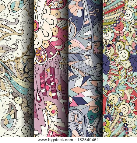 Set Of Tracery Colorful Seamless Patterns.