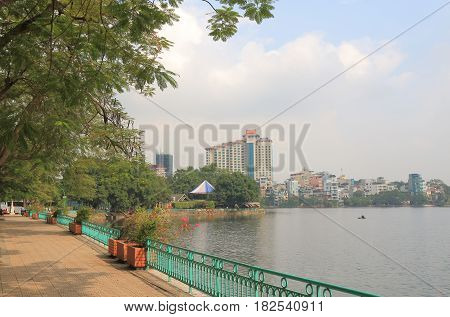 Truc Bach lake cityscape in Hanoi Vietnam