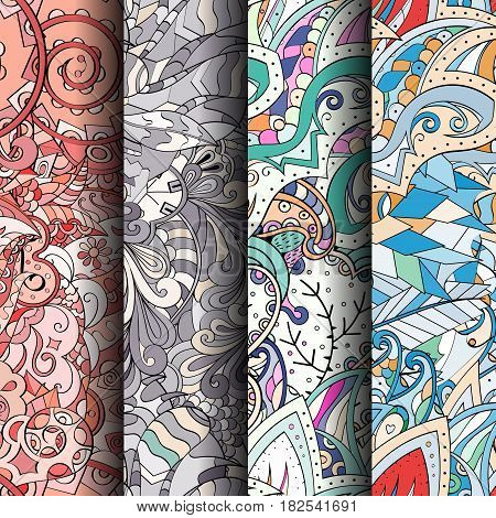 Set Of Tracery Colorful Seamless Patterns.