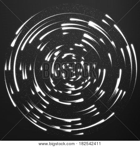 Vector grayscale glowing particles flying around the center leaving trails. Radar like monochrome background. Spinnig shining comets. Elegant modern geometric wallpaper.