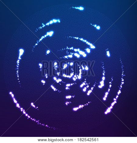 Vector glowing particles flying around the center leaving trails. Radar like violet background. Spinnig shining comets. Elegant modern geometric wallpaper.
