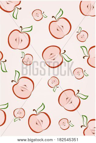 Seamless apple fruit sliced in half with seed and leaves pattern hand drawn sketch vector illustration