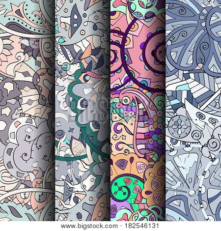 Set Of Tracery Colorful Seamless Patterns. Curved Doodling Backgrounds For Textile Or Printing With