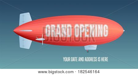 Vector retro zeppelin with grand opening advertising on it. Store opening soon design element for poster or banner