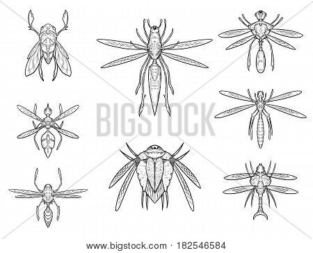 Set of eight cartoon vector hand drawn alien sci-fi insect designs in top down view