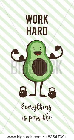 poster of happy avocado exercise at a gym. Healhy lifestyle motivation poster. vector illustration