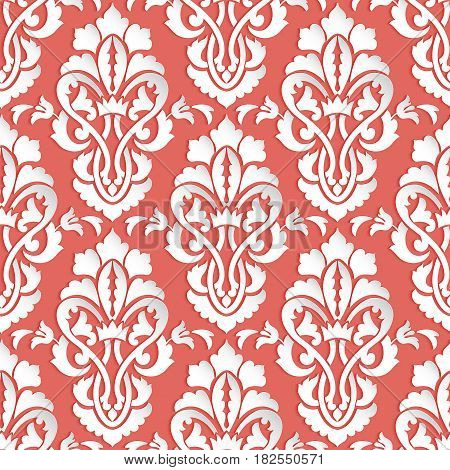 Vector damask seamless pattern backfround. Elegant luxury texture for wallpapers, backgrounds and page fill. 3D elements with shadows and highlights. Paper cut.