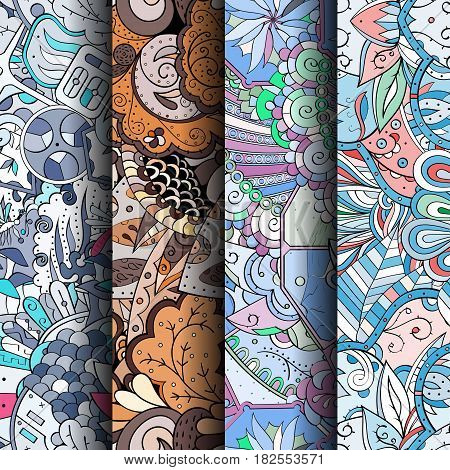 Set Of Tracery Colorful Seamless Patterns. Curved Doodling Backgrounds For Textile Or Printing With