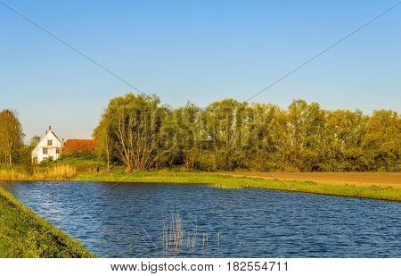 Idyllic place with an old white plastered farmhouse on the banks of a natural pond. It is a sunny day in the beginning of the spring season.