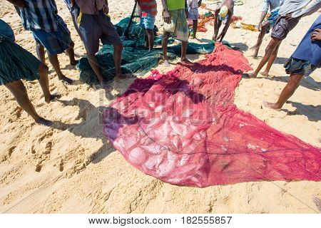SRI LANKA - Mach 23: Local fishermen pull a fishing net from Indian Ocean on Mach 23, 2017 in Kosgoda, Sri Lanka. Fishing in Sri Lanka is the way they earn their living.