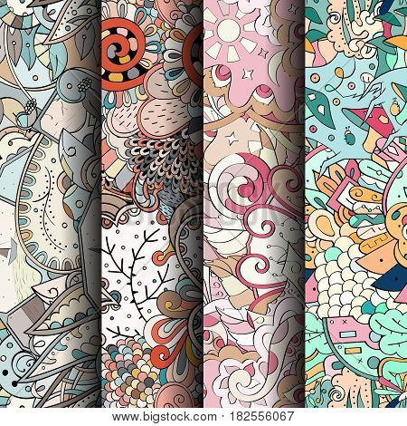 Set Of Tracery Colorful Seamless Patterns. Curved Doodling Backgrounds For Textile Or Printing With