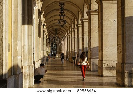 Lisbon, Portugal, April 7, 2017 : Arcades Of Praca Do Comercio (commerce Square). After The Earthqua