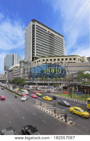 BANGKOK THAILAND - MAY 16: Cityscape of the outside of MBK Shopping Center. MBK Shopping Center is one of the most popular shopping malls in Bangkok.