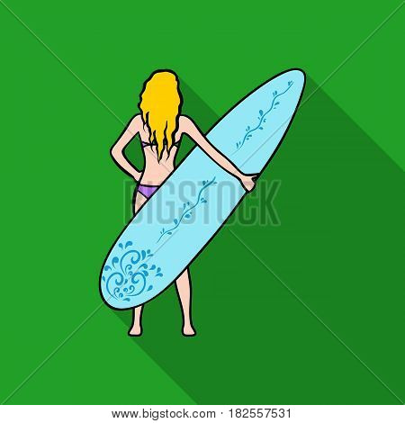 Girl is holding a surfboard icon in flate design isolated on white background. Surfing symbol stock vector illustration.