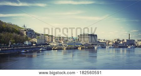 Kyiv Ukraine - April 172017: The postal square in Kiev on Podol the Dnipro river. view of the square from the river panorama