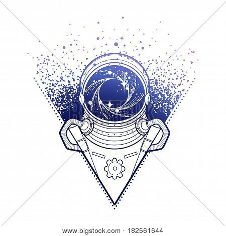 Graphic austronaut with black hole and starry vortex inside his helmet. Vector art in blue colors isolated on white background
