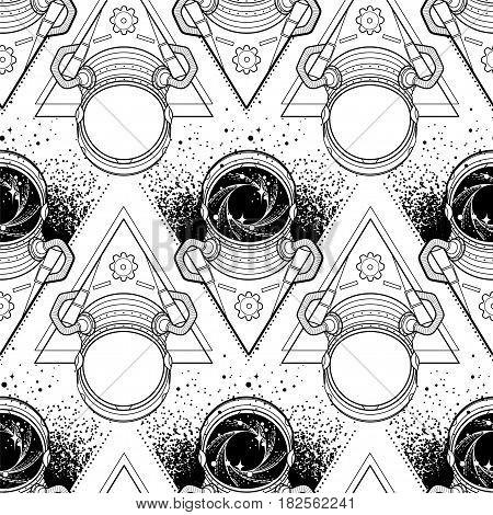 Graphic austronaut with black hole and starry vortex inside his helm. Vector seamless pattern. Coloring book design for adults