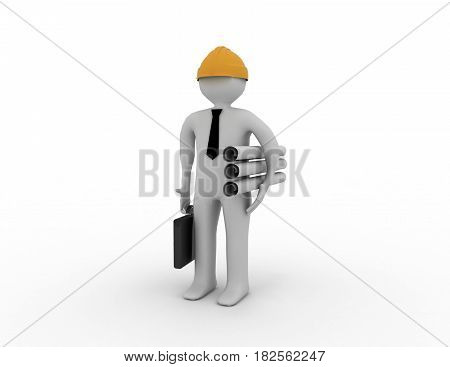 3d white architect with planse. . rendered ullustration