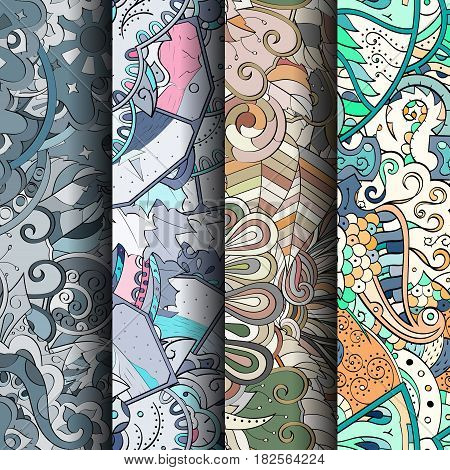 Set Of Tracery Colorful Seamless Patterns. Curved Doodling Backgrounds For Textile Or Printing With