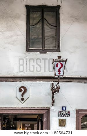 BELGRADE SERBIA - MARCH 18 2017. Question Mark kafana the most old traditional tavern in Belgrade city.